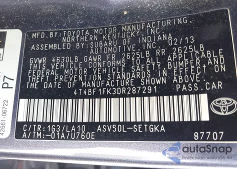 2013 Toyota Camry Xle z USA, uszkodzony, nr VIN 4T4BF1FK3DR287291